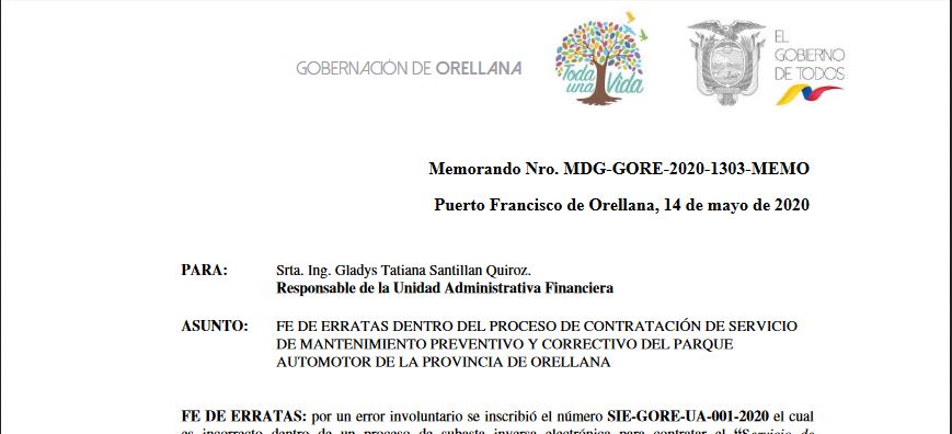 FE DE ERRATAS DENTRO DEL PROCESO DE CONTRATACIÓN DE SERVICIO DE  MANTENIMIENTO PREVENTIVO Y CORRECTIVO DEL PARQUE AUTOMOTOR DE LA PROVINCIA  DE ORELLANA – Gobernación de Orellana