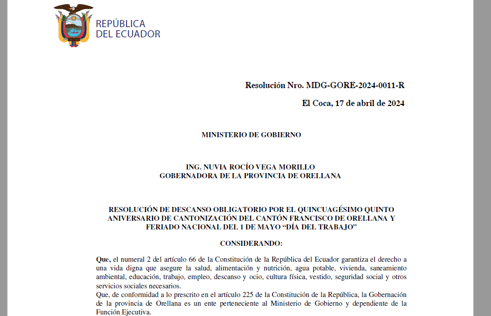 RESOLUCIÓN DE DESCANSO OBLIGATORIO POR EL QUINCUAGÉSIMO QUINTO ANIVERSARIO DE CANTONIZACIÓN DEL CANTÓN FRANCISCO DE ORELLANA Y FERIADO NACIONAL DEL 1 DE MAYO «DÍA DEL TRABAJO»